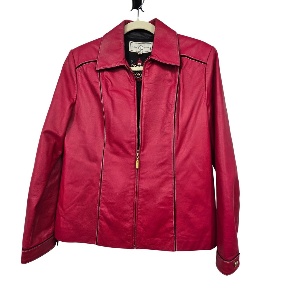 Vintage St John Sport Leather Jacket Womens P Fuchsia Pink Zip Moto Coat Luxury
